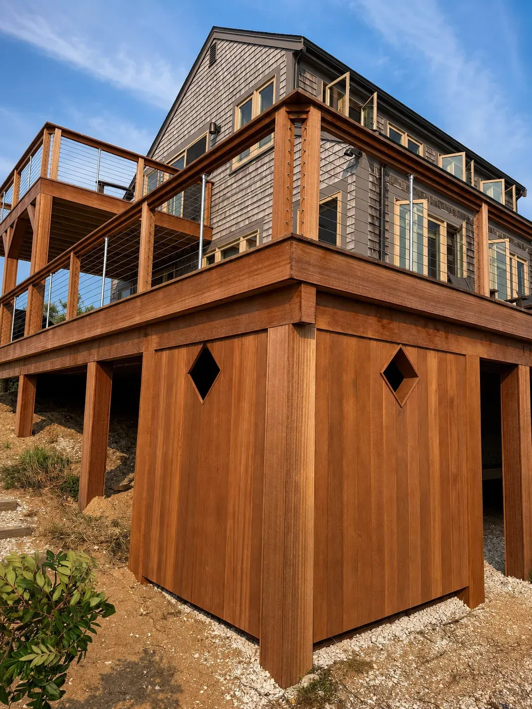 Two-level cedar deck with cable rail and privacy skirt