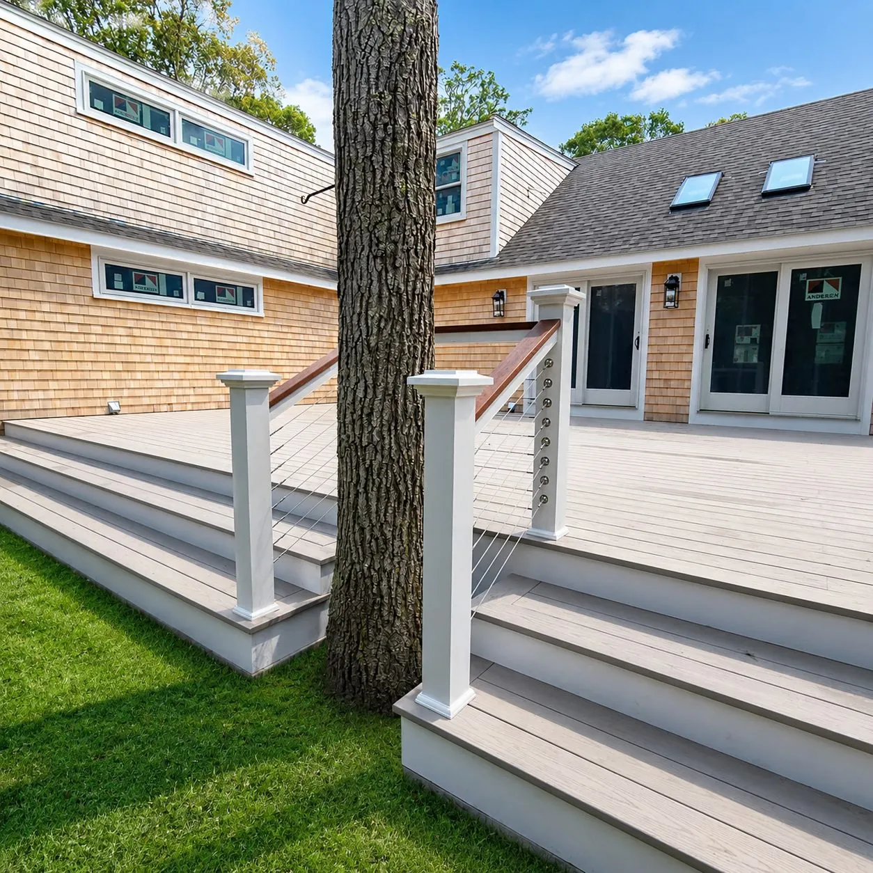 Wraparound composite deck built around a tree