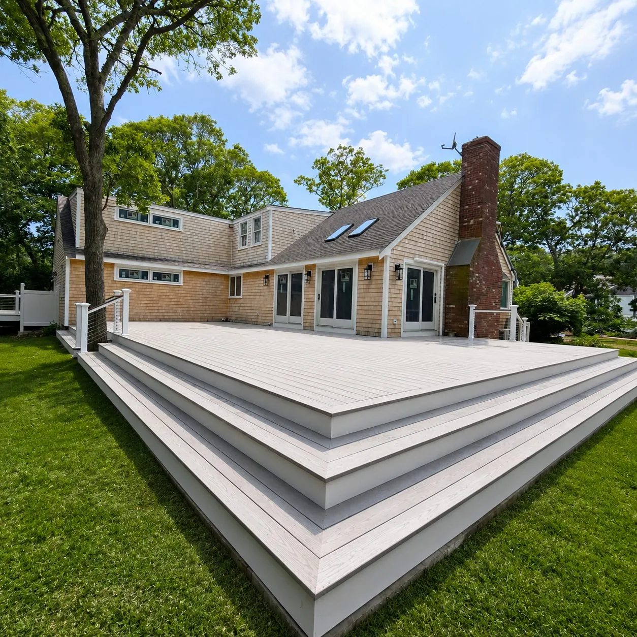 Multi-level composite deck with white railing