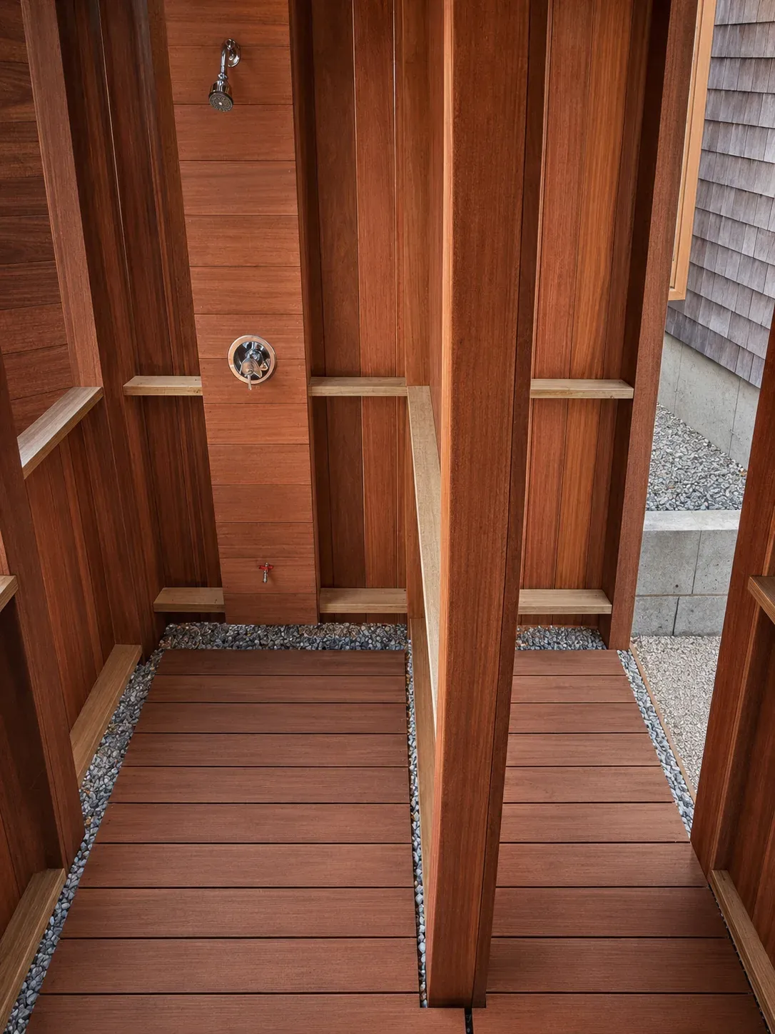 Inside a custom cedar outdoor shower